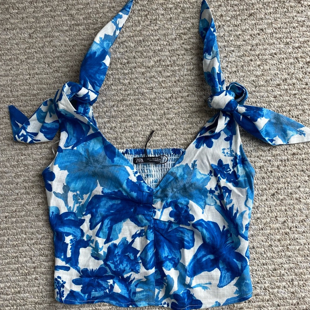 ZARA Blue Floral Linen Crop Top - NEW